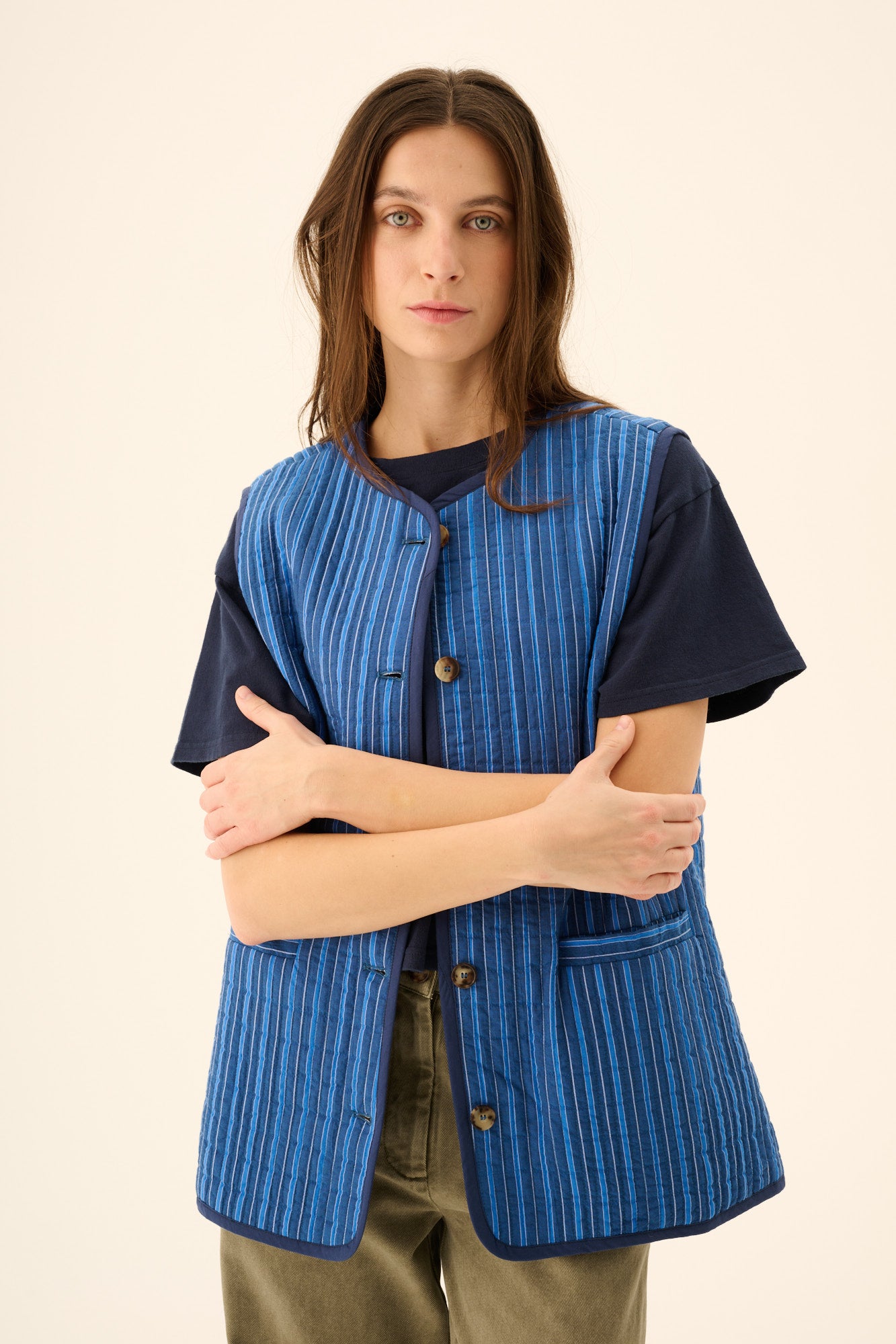 Rue de Tokyo CADY PADDED STRIPE Vest NAVY / BLUE STRIPE