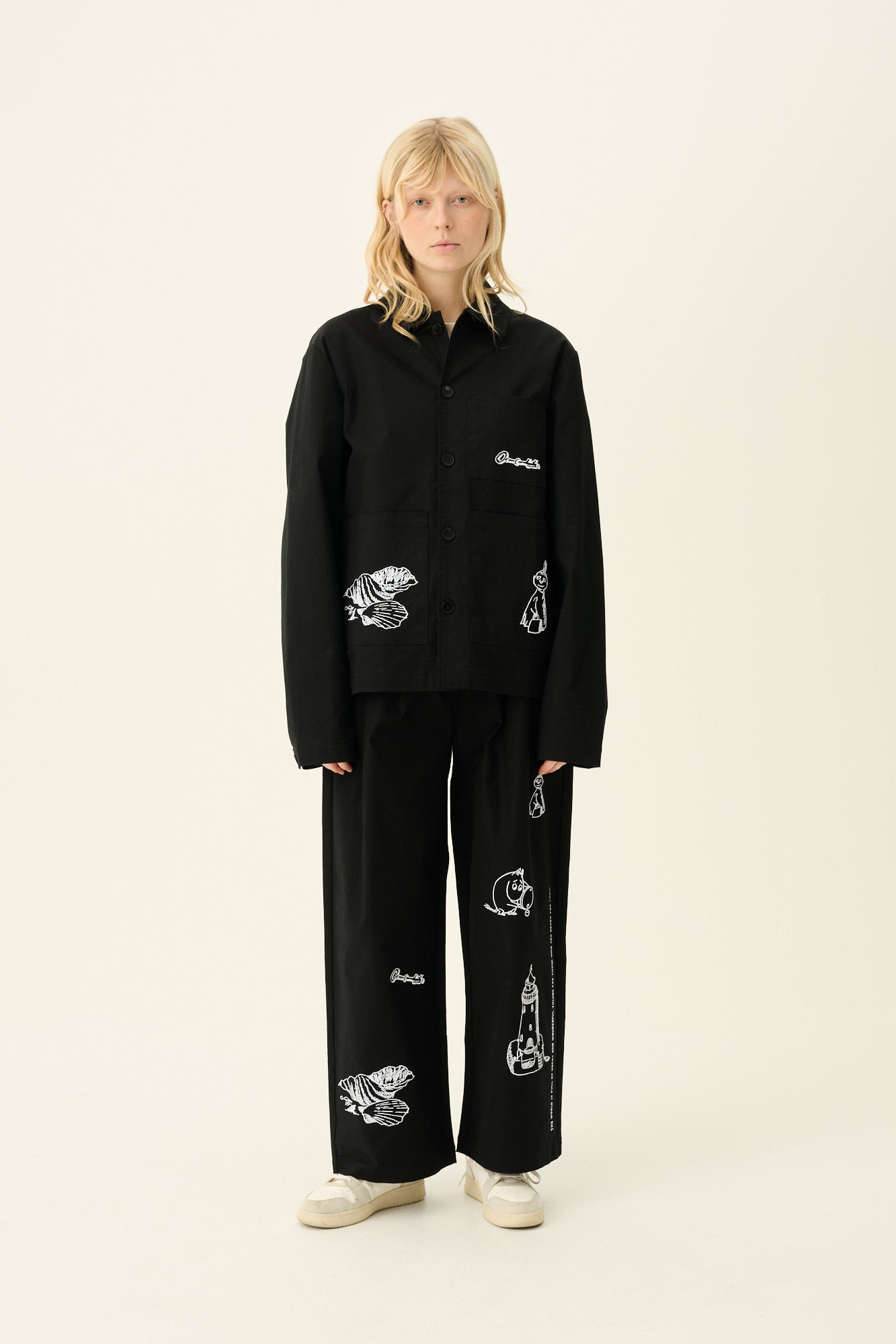 Rue de Tokyo CAMERON MOOMIN TWILL EMBROIDERY Jackets BLACK WITH OFF WHITE EMBROIDERY