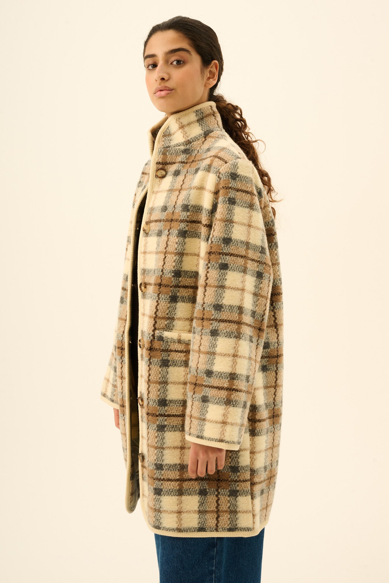Rue de Tokyo CEDAR TEDDY CHECK Coats GREY BROW IVORY CHECK