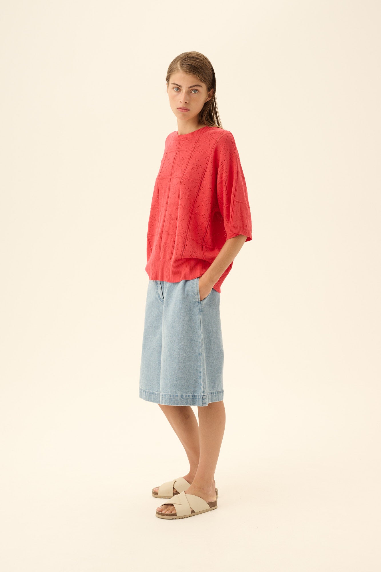 Rue de Tokyo KARA COTTON LINEN KNIT T-Shirts RASPBERRY RED