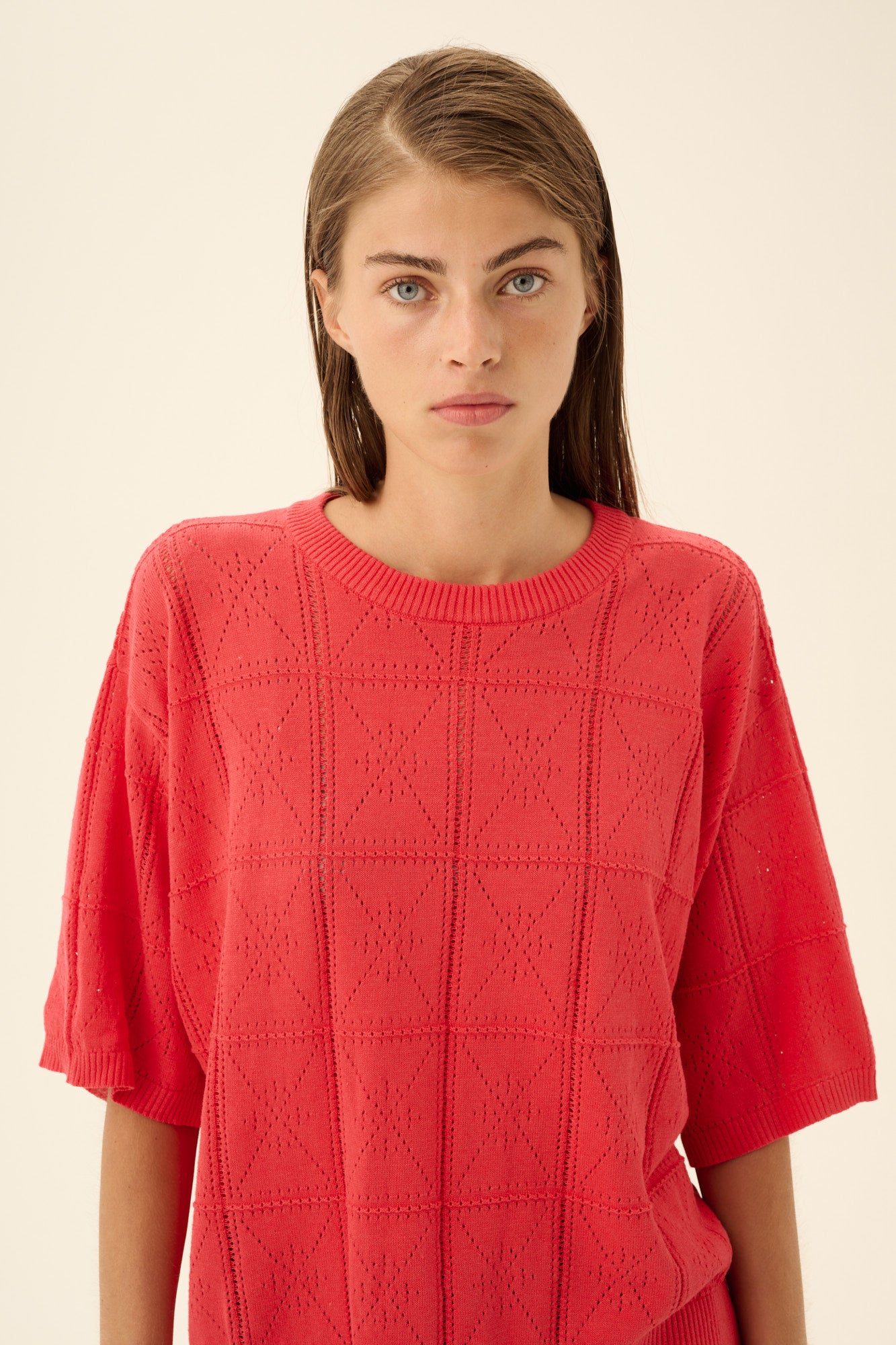 Rue de Tokyo KARA COTTON LINEN KNIT T-Shirts RASPBERRY RED