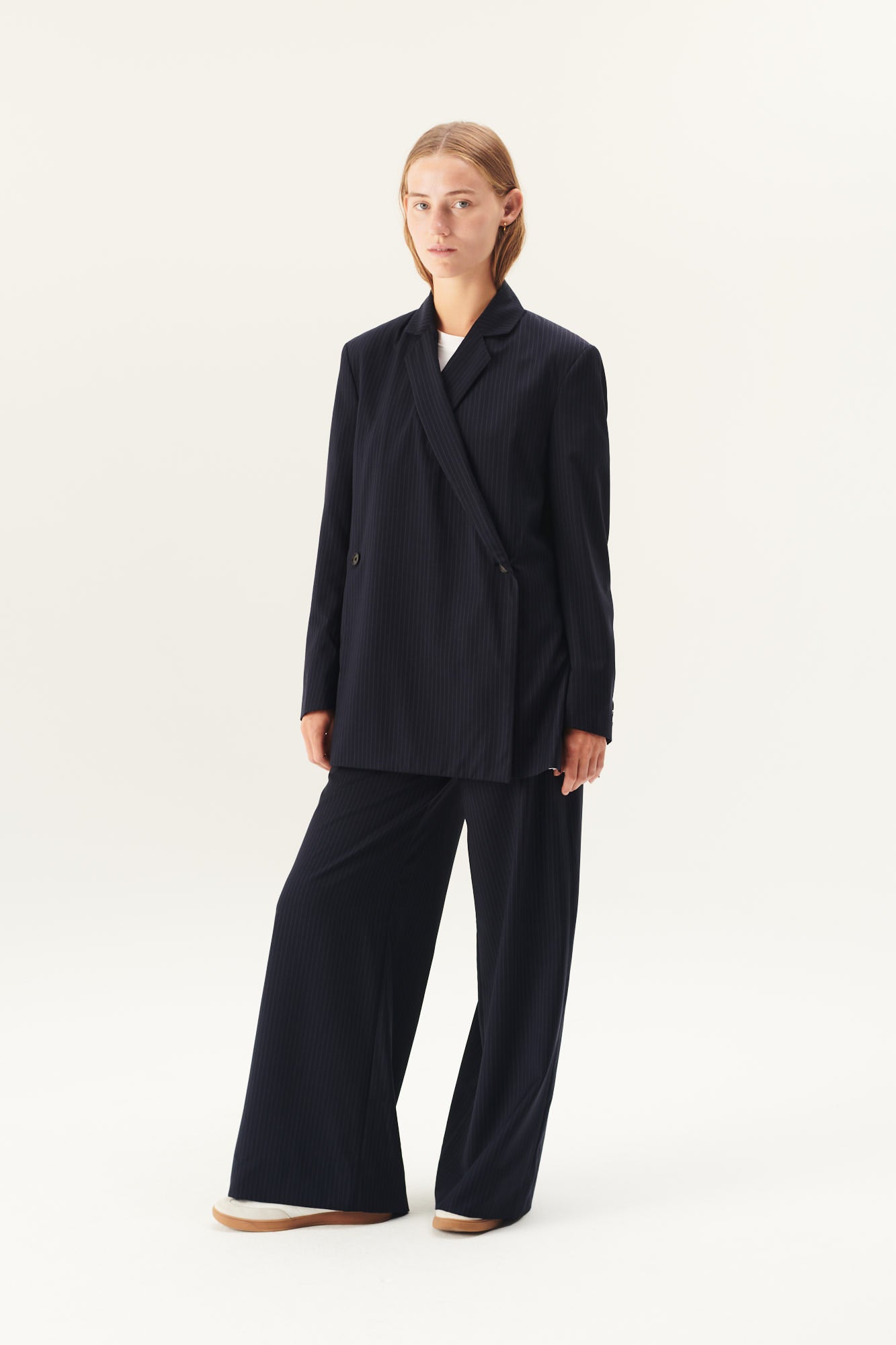 Rue de Tokyo PRISILA VIRGIN WOOL PINSTRIPE PANTS NAVY / BLUE STRIPE