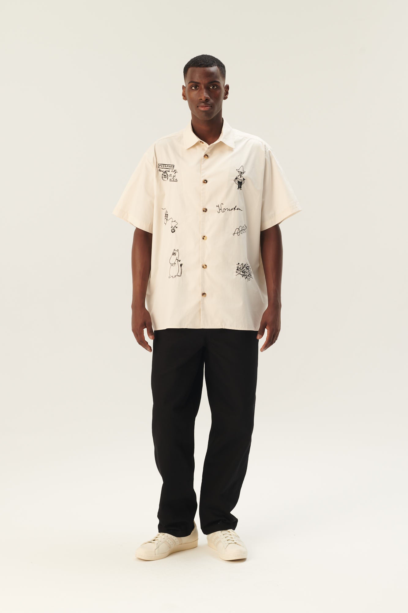 Rue de Tokyo SALVIO MOOMIN ORGANIC POPLIN EMB Shirts IVORY BLACK EMBROIDERY