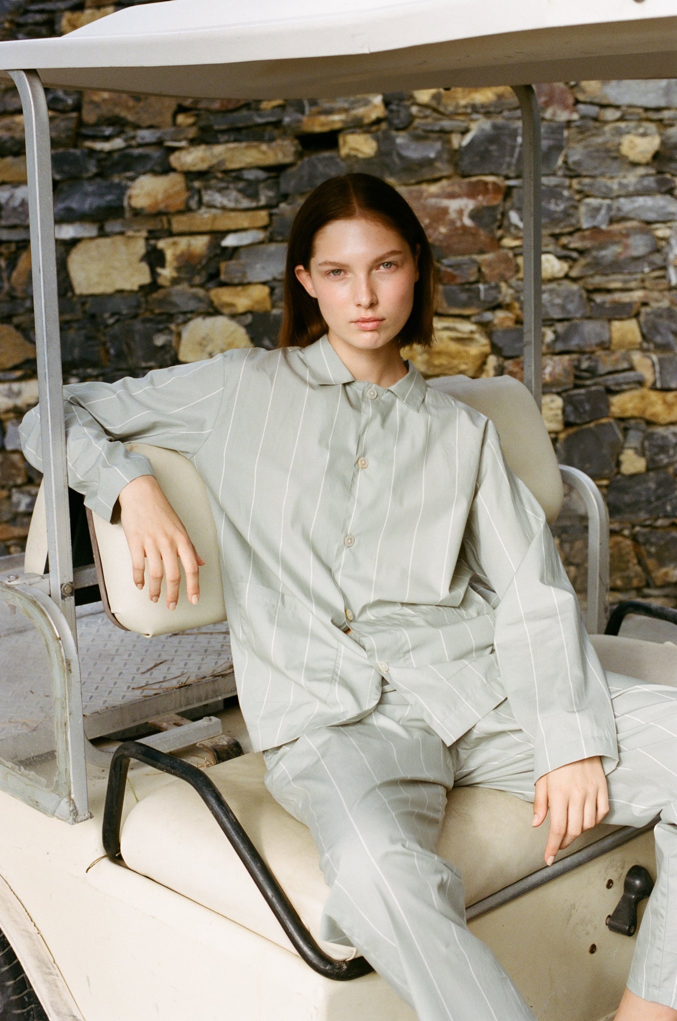 Rue de Tokyo SKYLER VENICE 60'S STRIPE SHIRTS LIGHT GREEN STRIPE