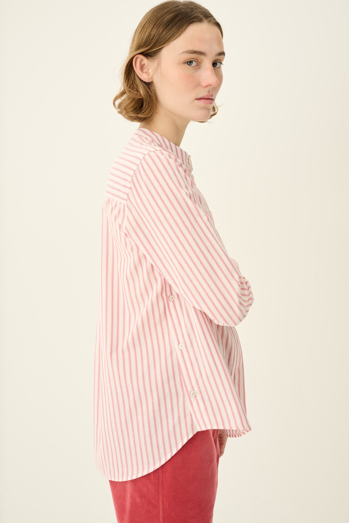 Rue de Tokyo SOFIE PATTERNED COTTON SILK Shirts RED PINK STRIPE