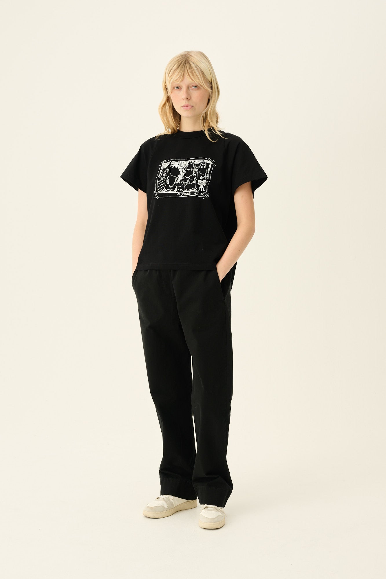 Rue de Tokyo TEAGAN MOOMIN FAMILY COTTON JERSEY T-Shirts BLACK WITH WHITE PRINT