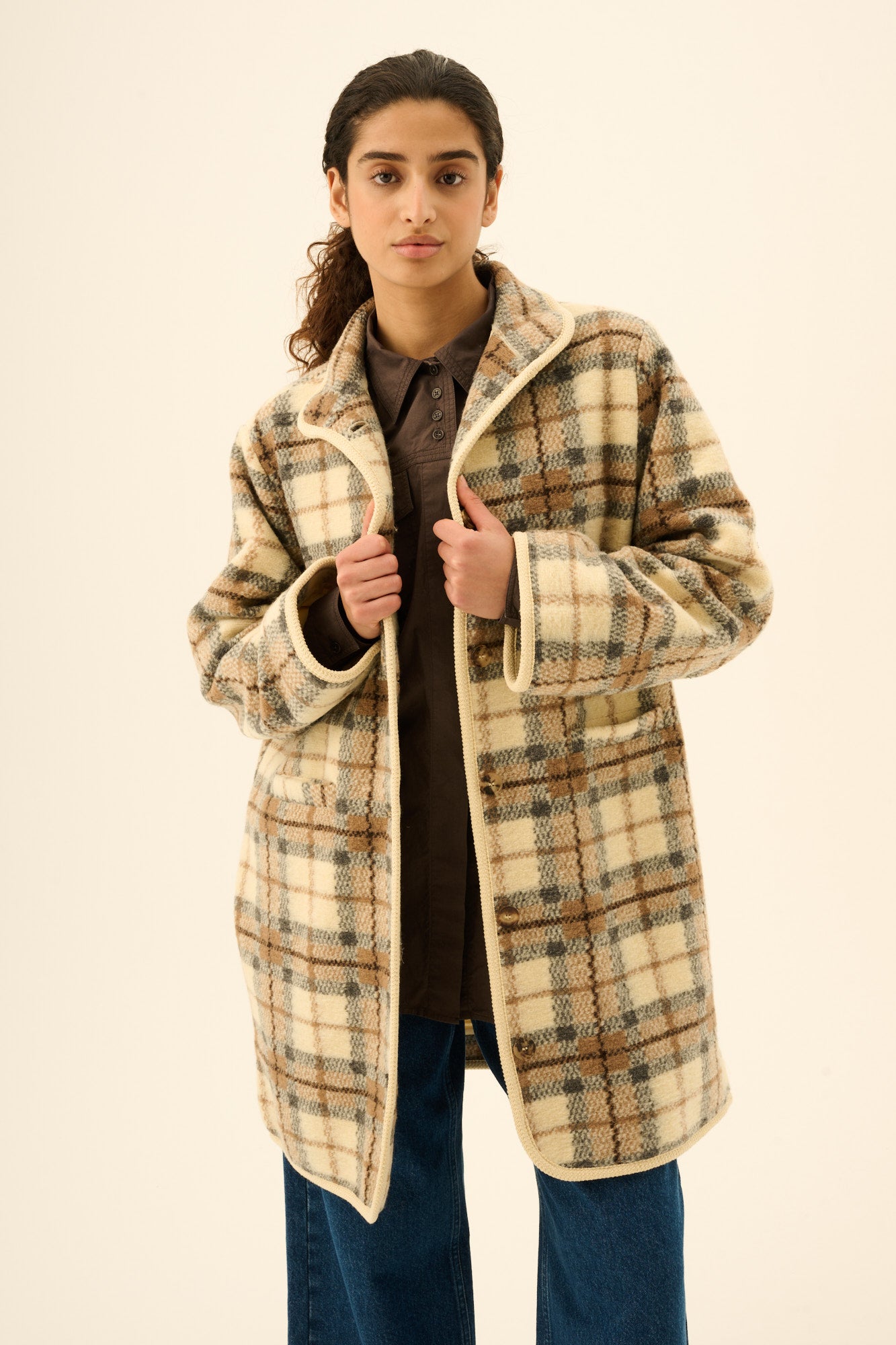 Rue de Tokyo CEDAR TEDDY CHECK Coats GREY BROW IVORY CHECK