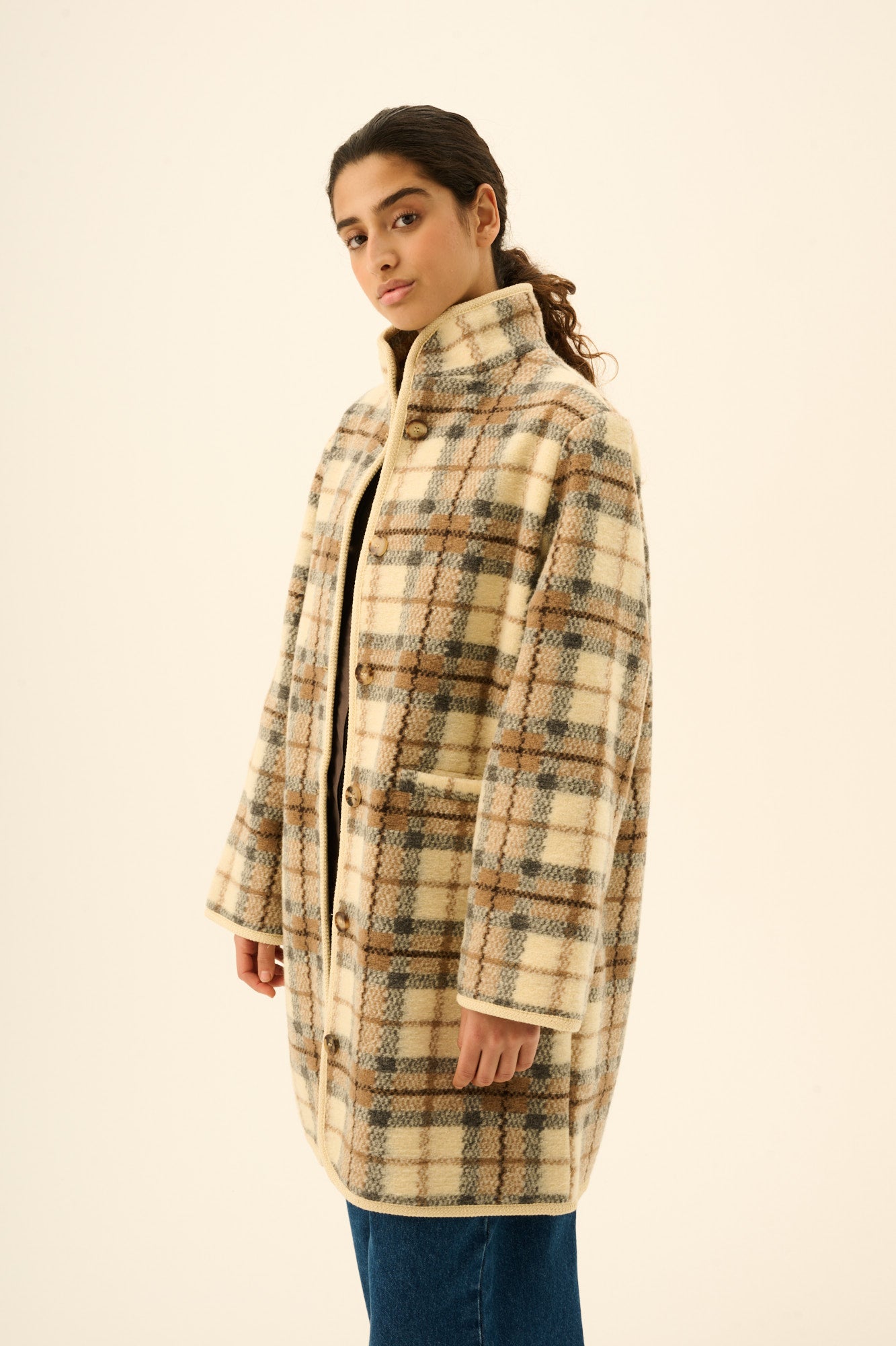 Rue de Tokyo CEDAR TEDDY CHECK Coats GREY BROW IVORY CHECK