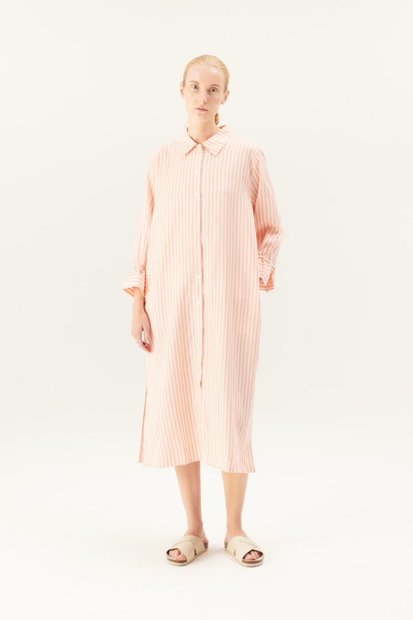 Rue de Tokyo DURI LINEN TENCEL STRIPE DRESSES CORAL IVORY STRIPE
