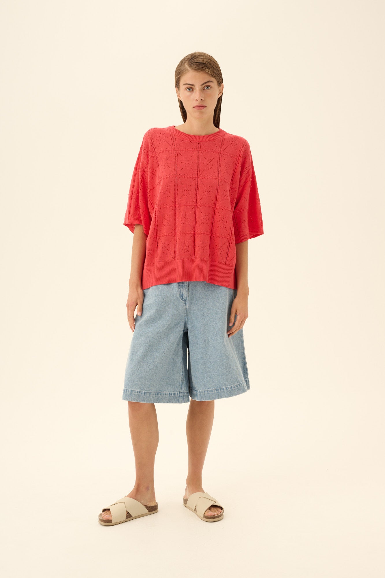 Rue de Tokyo KARA COTTON LINEN KNIT T-Shirts RASPBERRY RED