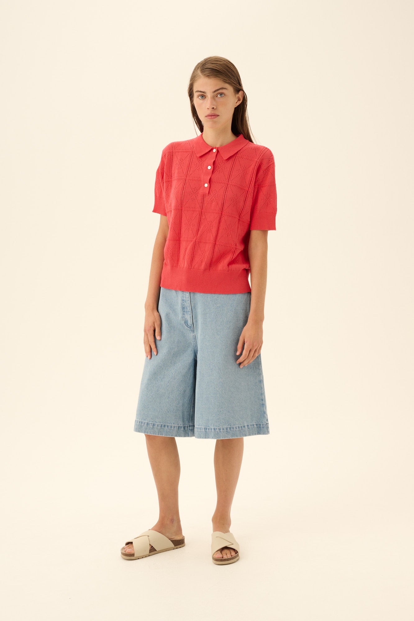 Rue de Tokyo KURI COTTON LINEN KNIT T-Shirts RASPBERRY RED