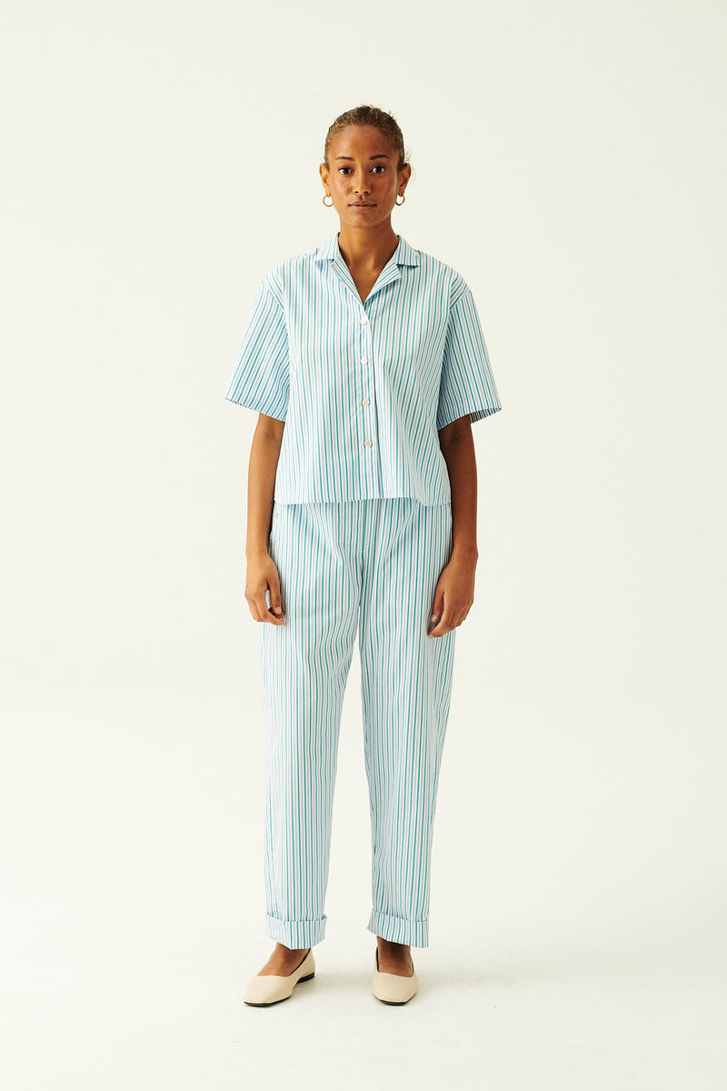 Rue de Tokyo PALLA STRIPED COTTON PANTS LIGHT BLUE/GREEN STRIPE