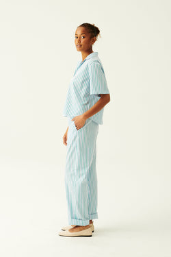 Rue de Tokyo PALLA STRIPED COTTON PANTS LIGHT BLUE/GREEN STRIPE