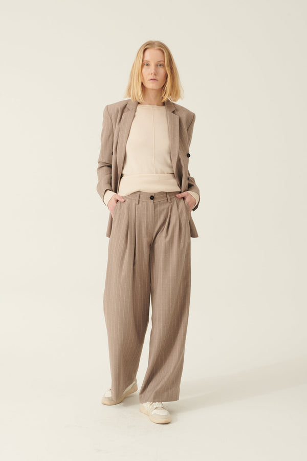 Rue de Tokyo PAULLETTA BROKEN WOOL STRIPE PANTS BROWN WHITE STRIPE