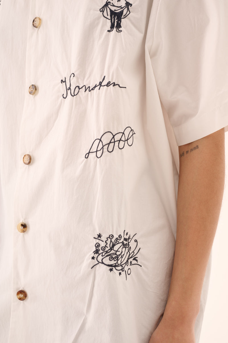 Rue de Tokyo SALVIO MOOMIN ORGANIC POPLIN EMB Shirts CHALK NAVY EMBROIDERY