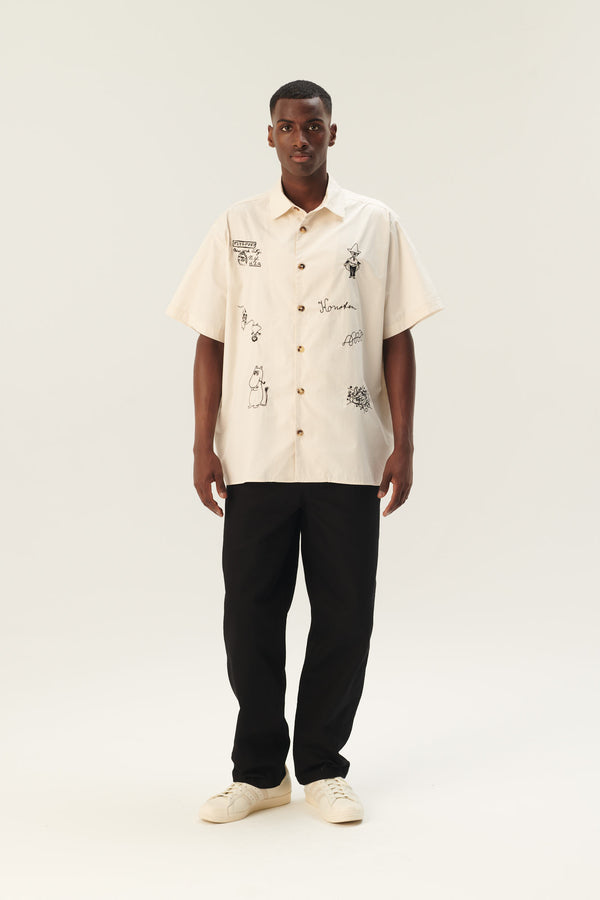Rue de Tokyo SALVIO MOOMIN ORGANIC POPLIN EMB SHIRTS IVORY BLACK EMBROIDERY