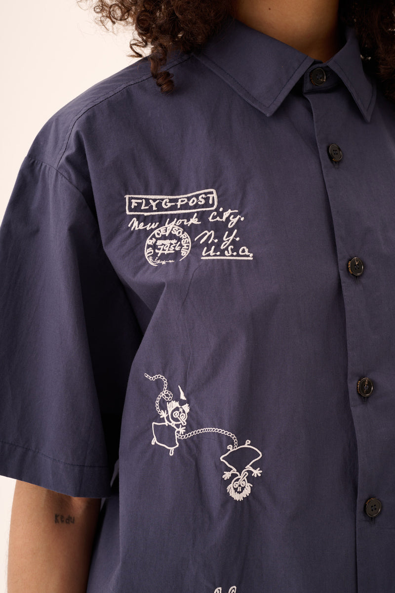 Rue de Tokyo SALVIO MOOMIN ORGANIC POPLIN EMB Shirts NAVY CHALK EMBROIDERY