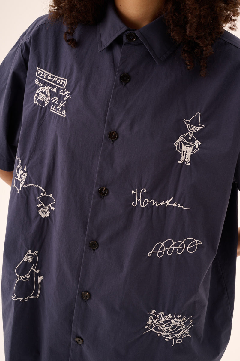 Rue de Tokyo SALVIO MOOMIN ORGANIC POPLIN EMB Shirts NAVY CHALK EMBROIDERY