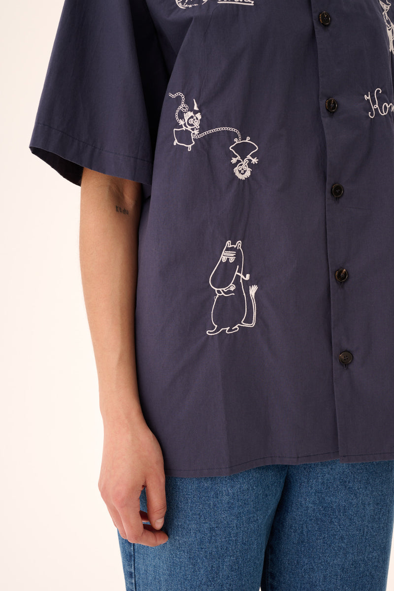 Rue de Tokyo SALVIO MOOMIN ORGANIC POPLIN EMB Shirts NAVY CHALK EMBROIDERY