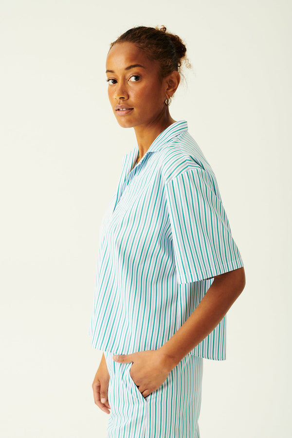 Rue de Tokyo SASKIA STRIPED COTTON SHIRTS LIGHT BLUE/GREEN STRIPE