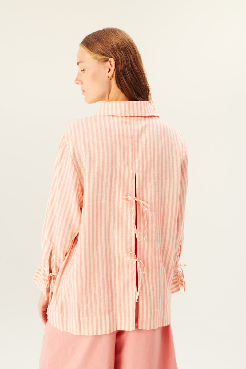 Rue de Tokyo SELIA LINEN TENCEL STRIPE SHIRTS CORAL IVORY STRIPE