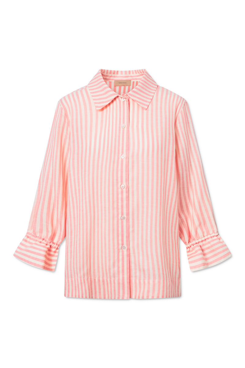 Rue de Tokyo SELIA LINEN TENCEL STRIPE SHIRTS CORAL IVORY STRIPE