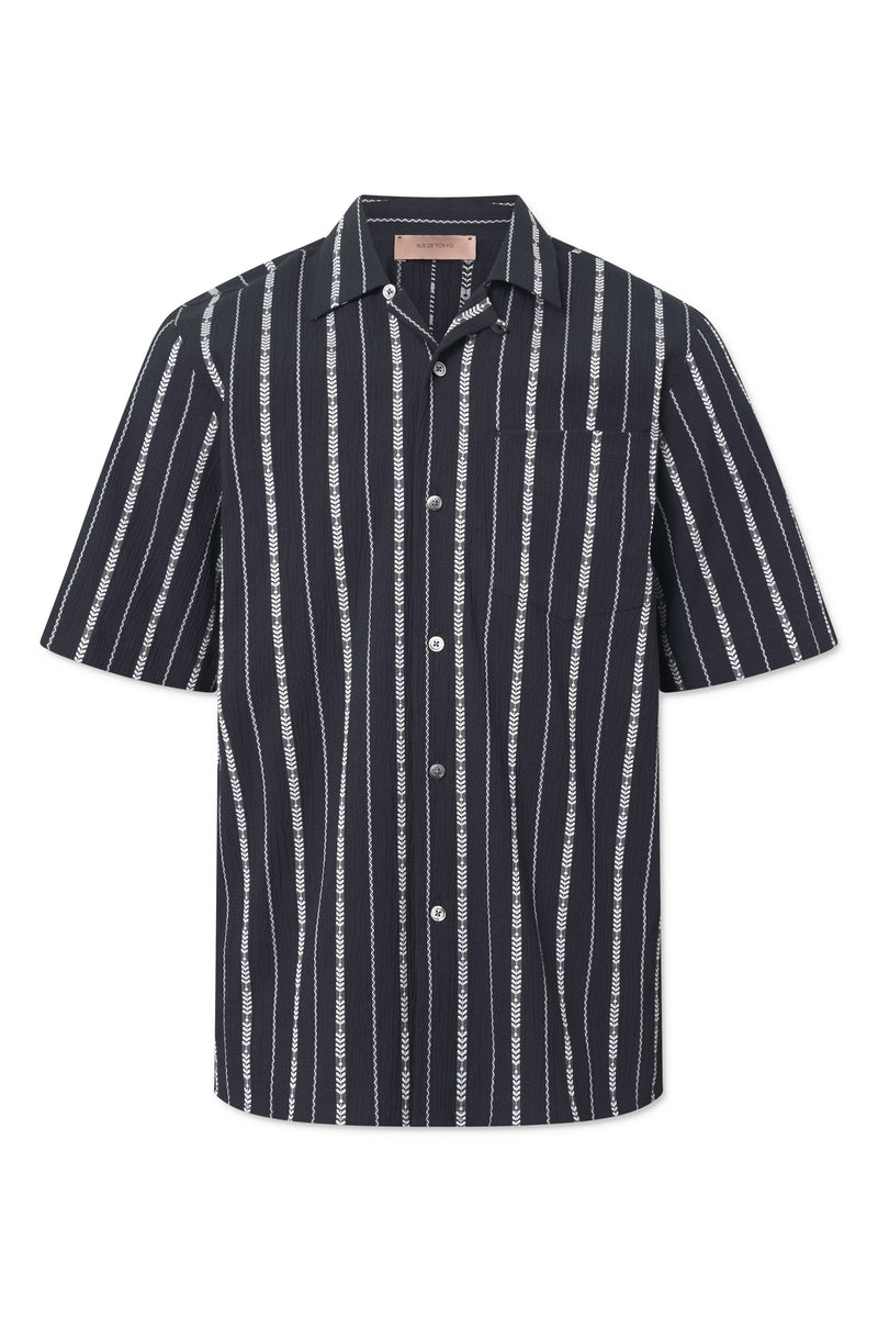 Rue de Tokyo SETH PATTERNED SEERSUCKER STRIPE SHIRTS BLACK ECRU STRIPE