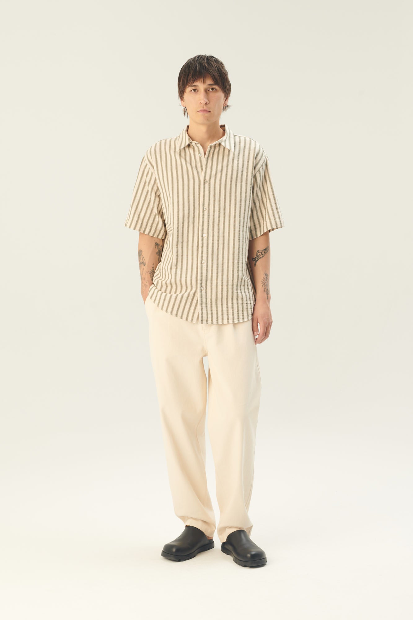 Rue de Tokyo SILVIO COTTON LINEN STRIPE SHIRTS GREEN IVORY STRIPE