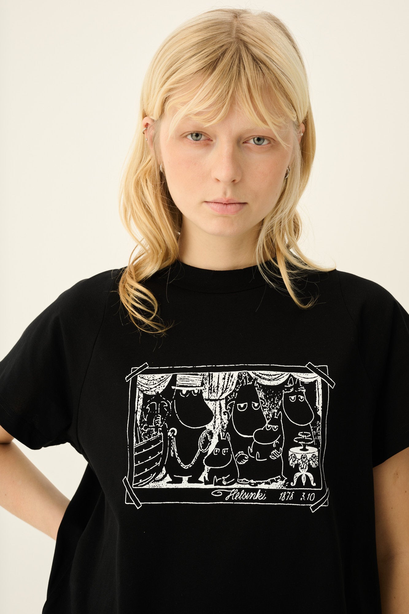 Rue de Tokyo TEAGAN MOOMIN FAMILY COTTON JERSEY T-Shirts BLACK WITH WHITE PRINT