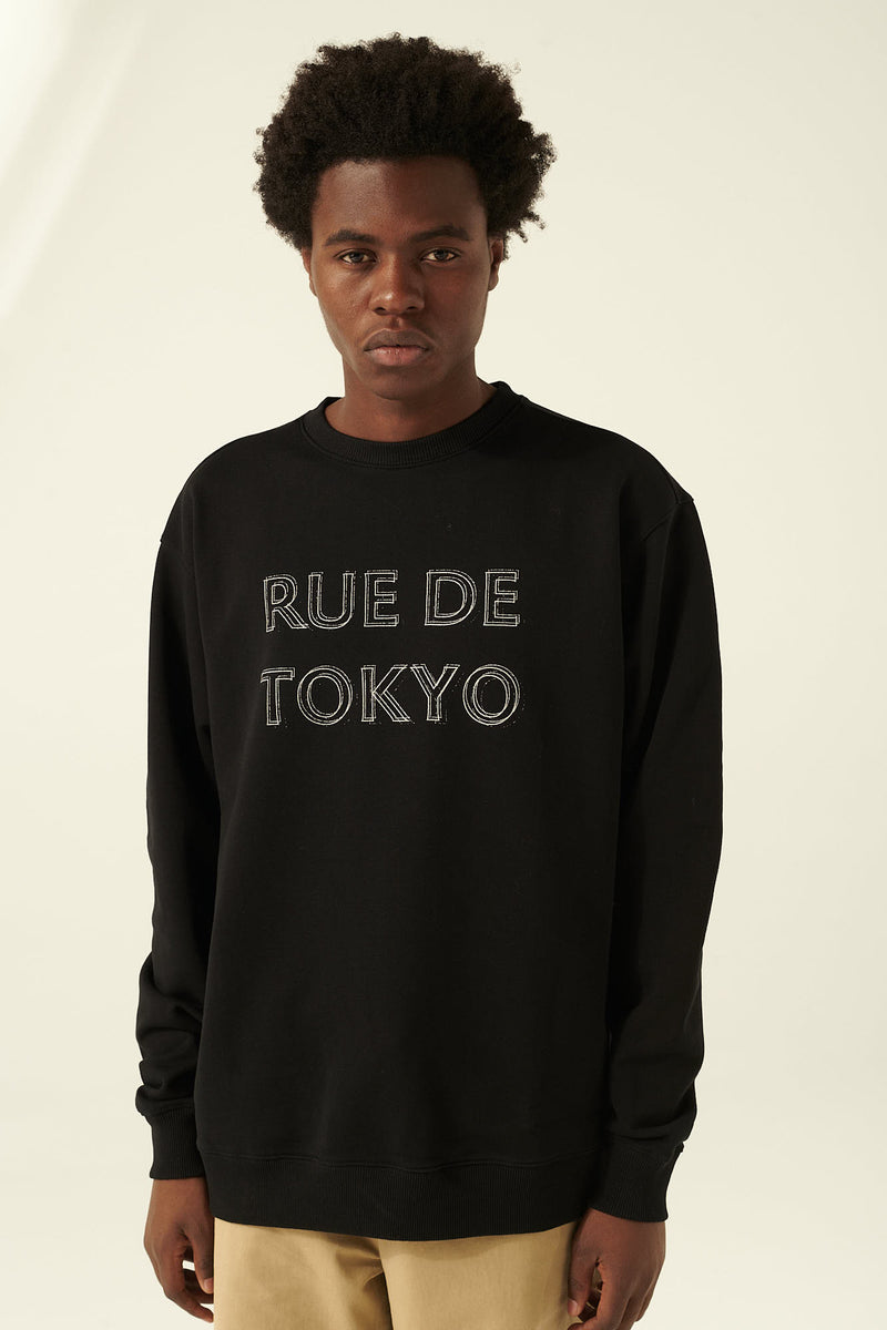Rue de Tokyo TREVOR ORGANIC HEAVY JERSEY SWEATSHIRTS BLACK WITH OFF WHITE LOGO