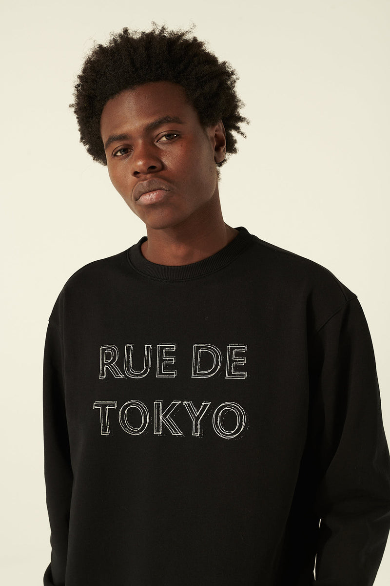 Rue de Tokyo TREVOR ORGANIC HEAVY JERSEY SWEATSHIRTS BLACK WITH OFF WHITE LOGO