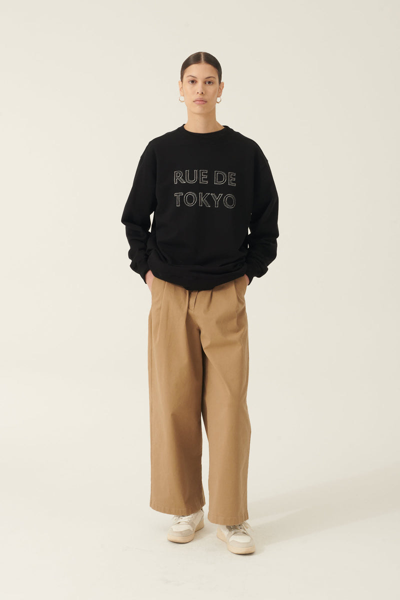 Rue de Tokyo TREVOR ORGANIC HEAVY JERSEY SWEATSHIRTS BLACK WITH OFF WHITE LOGO